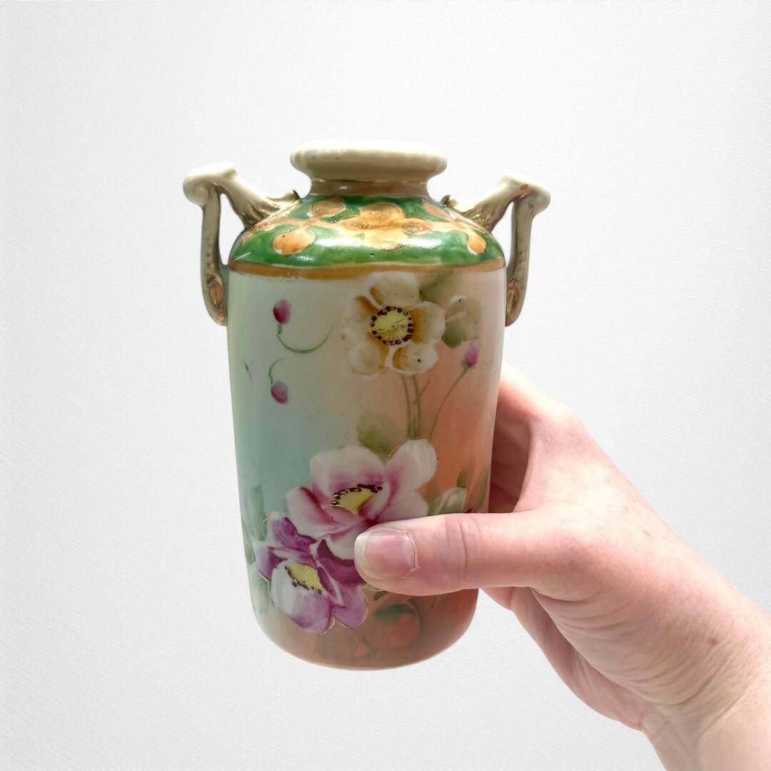 Double Handled Nippon Japan Vase With Hand Painted Pink Rose Flowers ...