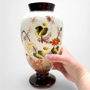 Antique Victorian Bristol Glass Vase with Hand Painted Orange & White Flowers | Brown Ombre Mantle Vase | Large 9&quot;  Autumn Botanical Vase