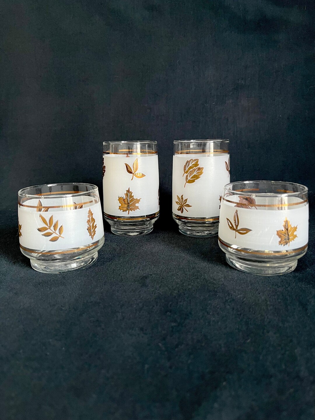 Vintage Frosted Gold Leaf Mid Century Glassware Set of 4 Vintage 1960s
