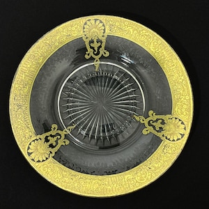 Vintage Ornate Gold and Clear Glass Plate | Embossed Glass Cabinet Plate with Gilt Scrolls | Hollywood Regency