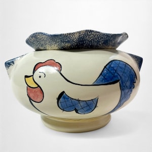 Vintage 1990s Planter Pot with Hand Painted Rooster | Retro Country Farmhouse Decor | Glazed Ceramic Cache Pot with Removable Insert