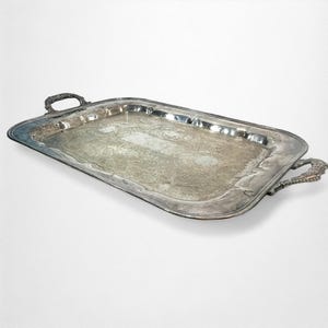 Ornate Engraved Silver Plated Rectangle Tray with Handles | Serving Platter or Vanity Dish | Lage Rococo Style Silver Plate