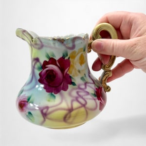 Antique Hand Painted Small Pitcher | Large Creamer with Painted Red & Yellow Roses and Gold Trim | Fine Victorian Porcelain