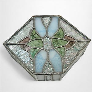 Vintage Handmade Stained Glass Jewelry Box with Iridescent Glass | Unusual Shaped Lidded Trinket Box with Flower Design