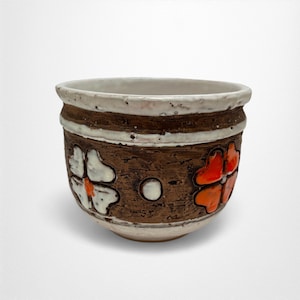 Retro Italian Pottery Planter with Orange & White Mod Flowers | 5&quot; Round Ceramic Plant Pot | Drip Glaze Cache Pot | White, Brown Orange