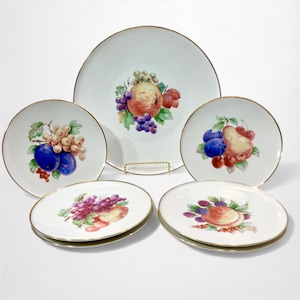 Vintage Western Germany Bavarian Fruit Motif Set w/ Serving Platter | Dessert Cake Salad Plates | Round Plate Set | Gold Trim | Wall Decor