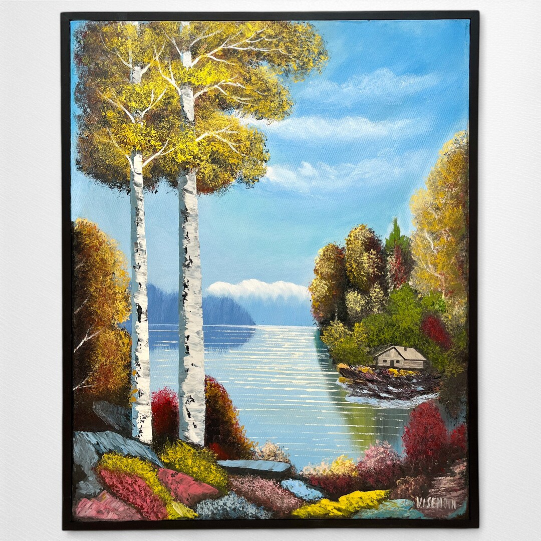 Vintage Framed Original Oil Painting | Cabin on a Lake in Autumn ...