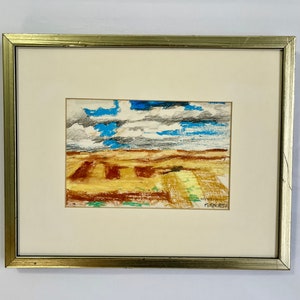 Vintage Framed Original Pastel on Paper | Impressionist Style | Prairie Fields Scene | Artist Signed