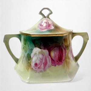 Fine Porcelain Hexagon Cookie Jar with Pink Roses | Yellow German Cookie Jar w/ Two Handles | Decorative Floral Lidded Container