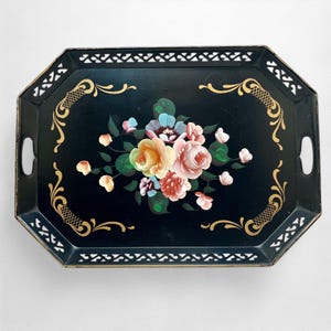 Extra Large Black Tole Ware Tray w/ Handles and Hand Painted Flowers | Decorative French Country Metal Tray