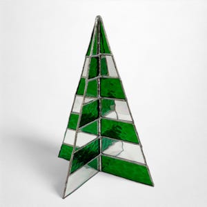 Large Handmade Leaded Stained Glass Christmas Tree Standing Decoration | Modern Xmas Tabletop Tree Green & White | 3D Stain Glass Tree
