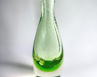 Scandinavian Art Glass Bullicante Vase | Bright Green Controlled Bubble | Sommerso  Bottle | Mid Century Modern