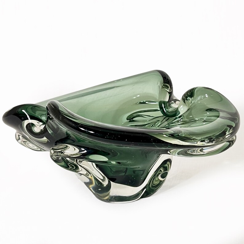 Vintage Canadian Art Glass Ashtray Dark Emerald Green Large Ash Tray