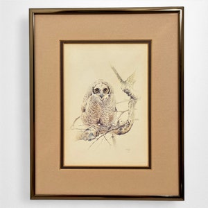 Framed Great Horned Owl Lithograph Print | Ready to Hang Vintage Owl Drawing | Bird Sketch | Owl in Tree