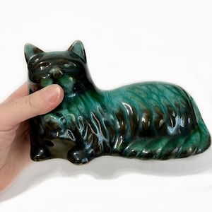Medium Blue Mountain Pottery Long Haired Cat Statue | Persian Kitty | Green Blue Drip Glaze