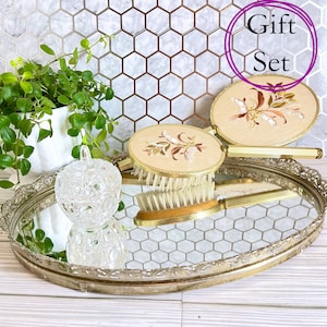 Vintage Curated Vanity Set | Dressing Table Set | Hair Brush, Hand Mirror, Tray, Milk Glass Vase & Cut Glass Trinket Box