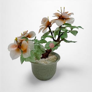 Vintage &quot;Jade&quot; Glass Bonsai Tree with Pink Cherry Blossoms | Flowering Bonsai Plant in Green Celadon Pot
