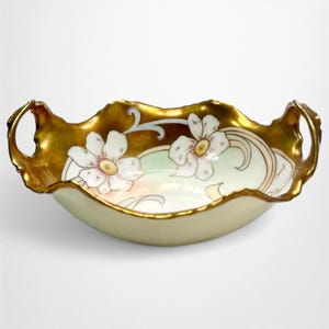 Antique 1920s Limoges Art Nouveau Hand Painted Floral Bowl | Elite Works France | Pastel Flower Bowl w/ Gold Handles | Fine French Porcelain