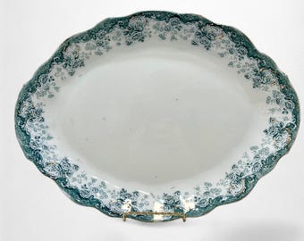 Antique Ironstone Blue & White Transferware Platter | Blue/Green Pitcairns Tunstall Myrtle Large Serving Plate | Oval Dish w/ Scalloped Edge