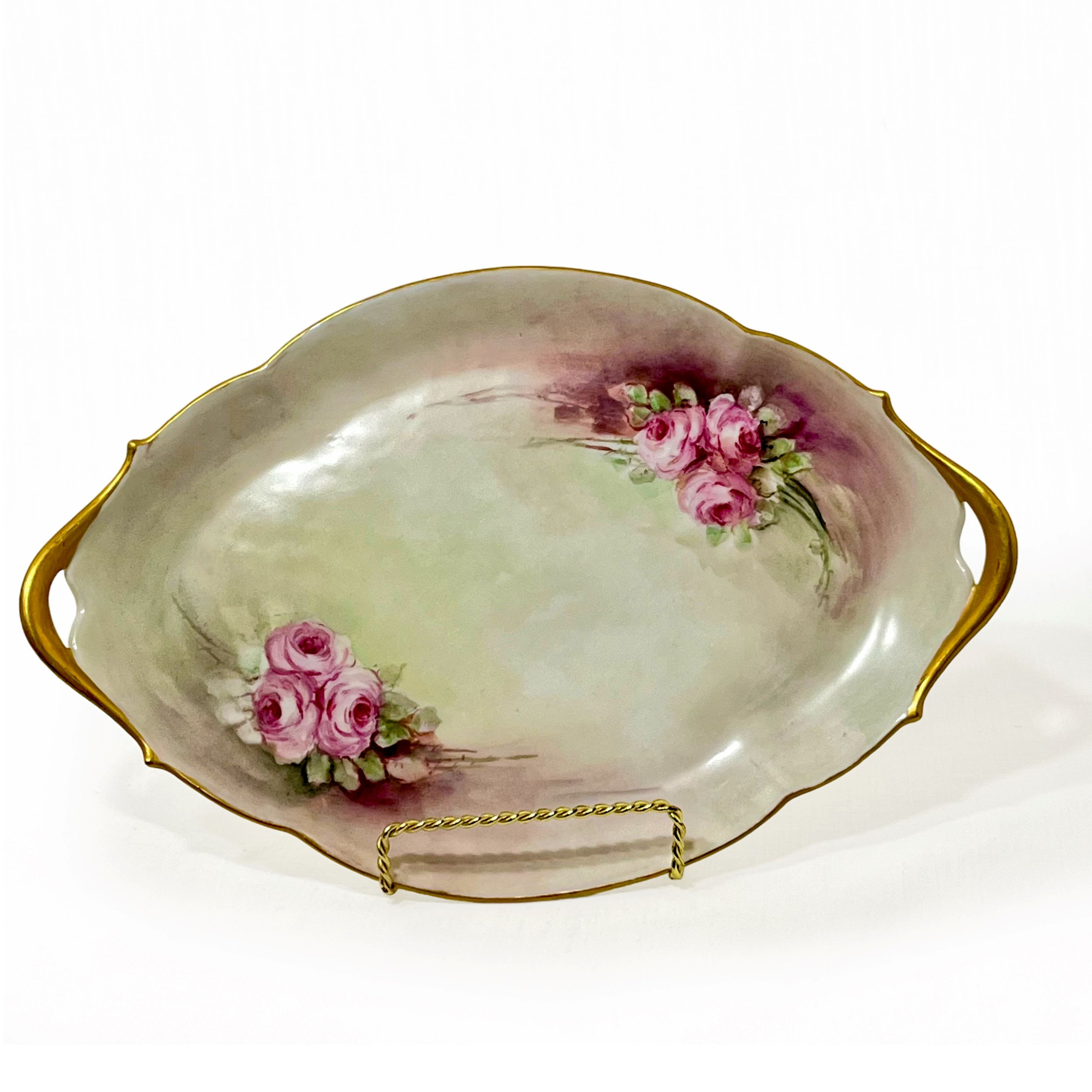 Antique Limoges Hand Painted Floral Plate | Tressemanes & Vogt Cabinet Plate | Rose Flowers and Gold Handles | Fine French Porcelain