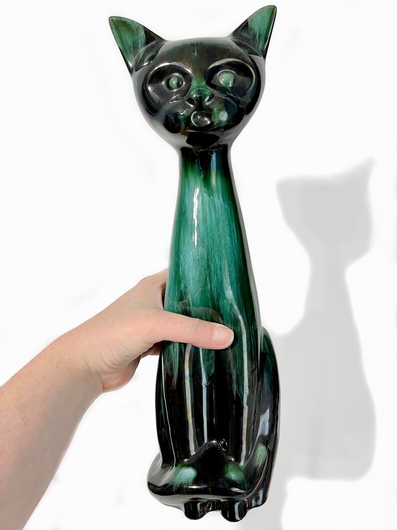 Large Blue Mountain Pottery Siamese Cat Statue Standing Kitty Green