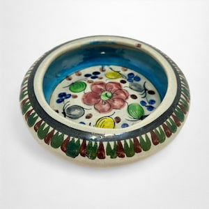 Vintage Mexican Pottery Hand Painted Round Trinket Dish | Mexico Folk Art | Handmade Ceramic Bowl with Pink Flowers