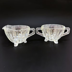 Matching Sugar and Creamer Set with D-Handles and Feet | Vintage Clear Pressed Glass | Open Sugar Bowl with Two Handles | 1930s Glass