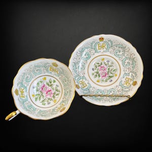 Vintage Queen Elizabeth II Commemorative Coronation Teacup & Saucer | Paragon Double Warrant | Mint Gold | Thistle Rose England | Monarchy
