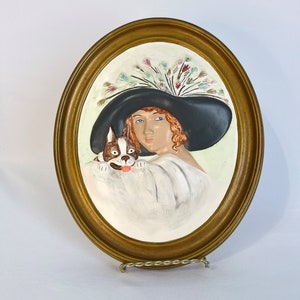 Retro Lady Holding Dog Hand Painted Plaque | Woman in Hat Portrait | Vintage Duncan Chalkware | Erma Gilliland | 3D Ceramics