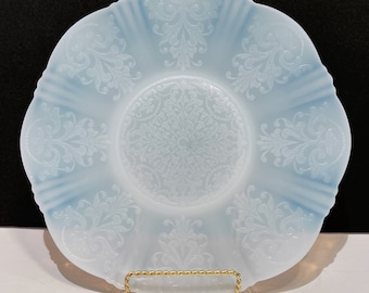Depression Glass American Sweetheart Cake Plate by Macbeth Evans | Monax White Opalescent Glass | Scalloped Embossed Serving Plate