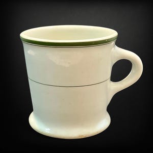 Unusual Vintage Vitrified Mug with Double Green Band | Hotelware Coffee Cup w/ Rolled Base & Flat Bottom | Made in England