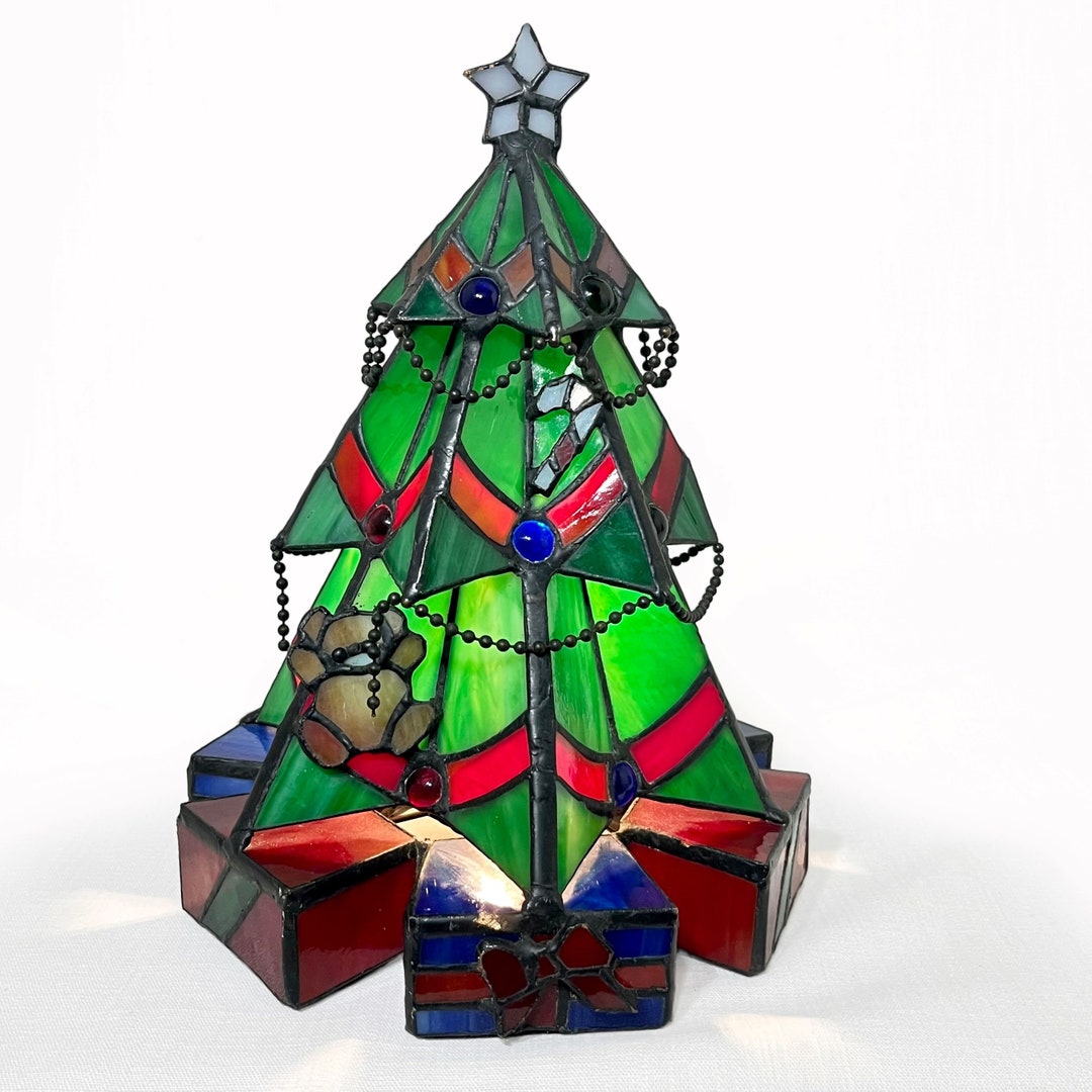 Vintage Leaded Stained Glass Christmas Tree Lamp, Tiffany Style Night