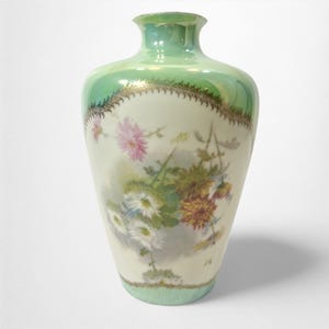 Antique Mint Green Lustreware Bud Vase with Daisies and Asters | Opalescent Medium Vase with Pink & White Flowers and Gold Trim