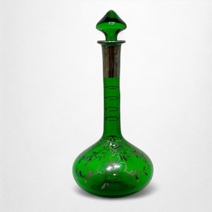 Vintage Emerald Green Glass Decanter with Hand Painted Silver Floral Overlay | Tall Bulb Decanter with Flame Shaped Stopper