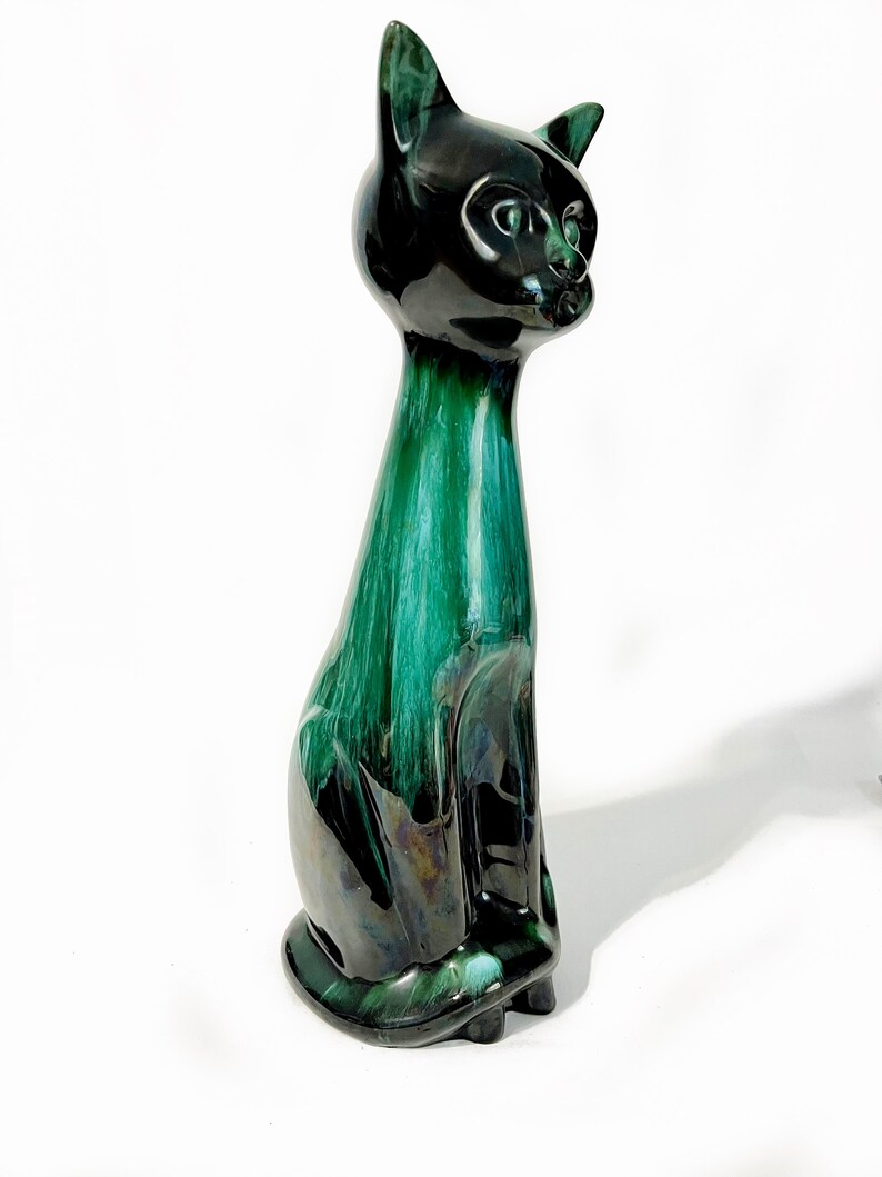 Large Blue Mountain Pottery Siamese Cat Statue Standing Kitty Green