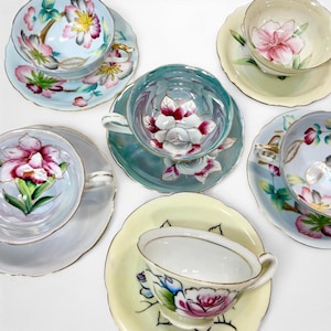 Set of 6 Hand Painted Mismatched Tea Cups & Saucers | Vintage Teacups | Flower Tea Party Set | Pastel Lusterware | Shafford Japan Fine China