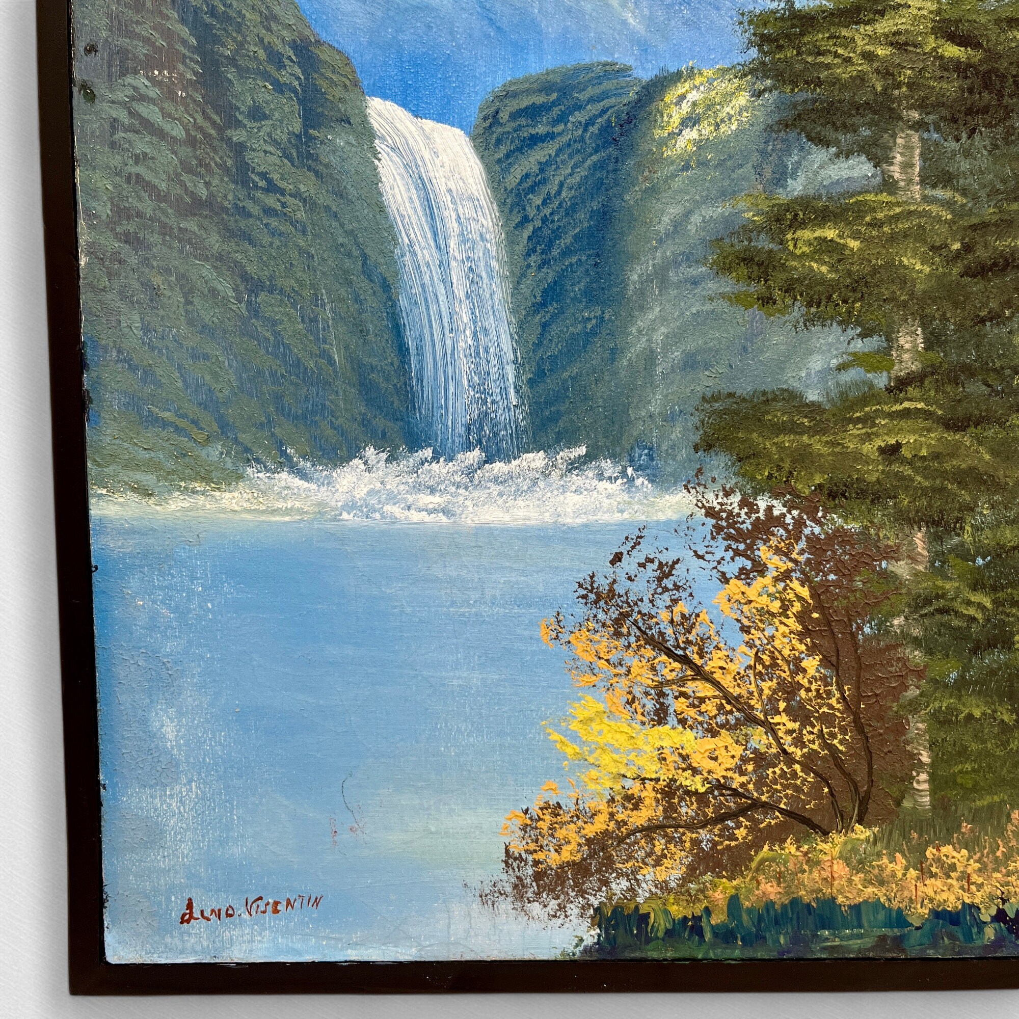 Vintage Framed Original Oil Painting | Mountain Waterfall at