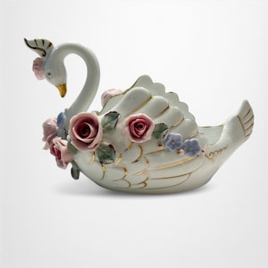 Vintage Lefton (?) China Swan Trinket Dish | Ornate Bird Planter with Capodimonte Style Applied Flowers | White and Gold Swan with Roses