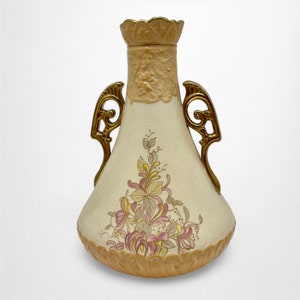True Antique Large Royal Chelsea Art Pottery Vase | Double Handled Vase w/ Flowers and Gold Trim | Hollingshead and Griffiths | H&G Burslem