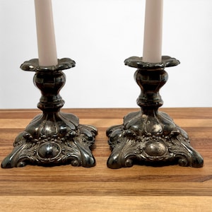 Pair of Ornate Silver Plated Candlesticks | Set of 2 Victorian Style Candle Holders | Heavily Tarnished Silver Plated Lead | Rogers Silver