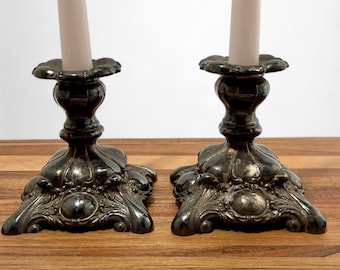 Pair of Ornate Silver Plated Candlesticks | Set of 2 Victorian Style Candle Holders | Heavily Tarnished Silver Plated Lead | Rogers Silver