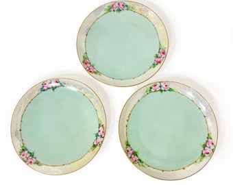 Hand Painted Set of 3 Dessert Plates | Pale Mint Green with Roses and Lustreware Trim with Gold Edge | Fine Bone China