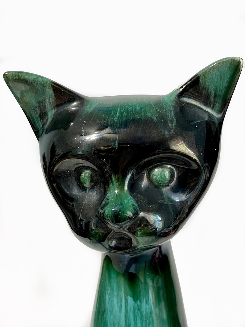 Large Blue Mountain Pottery Siamese Cat Statue Standing Kitty Green