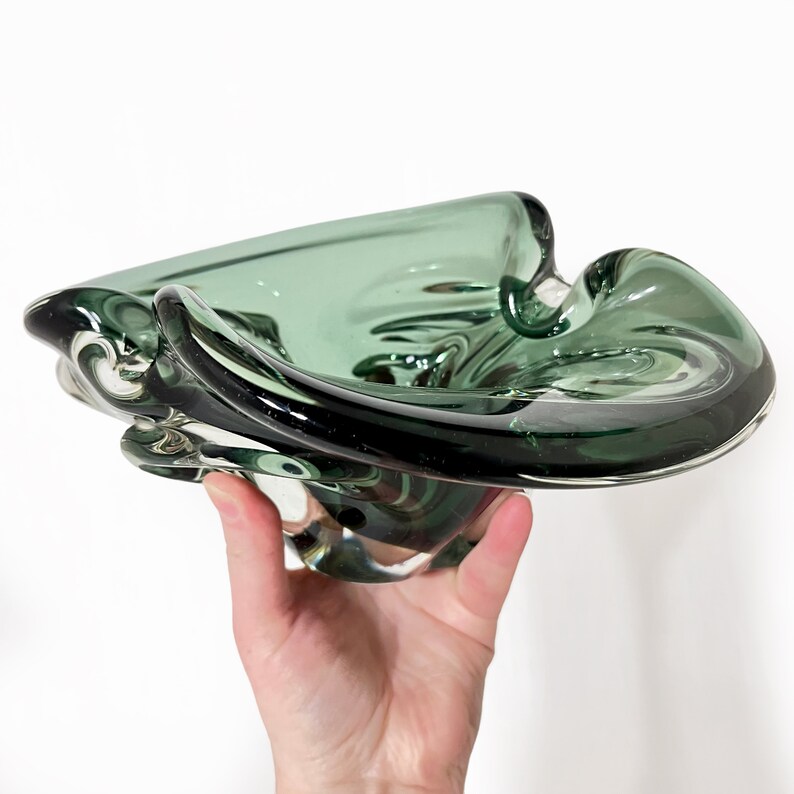 Vintage Canadian Art Glass Ashtray Dark Emerald Green Large Ash Tray