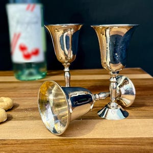 Set of Vintage Silver Plate Cordial Cups x3 | Shot Glass | Aperitif | EP Brass | Electroplated | HBC India | Tarnished Silver | Bell Shaped