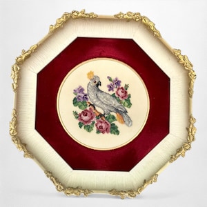 Vintage Cockatiel Petit Point | Bird Needlepoint | Octagon Wood Frame | Round Velvet Mat | One of a Kind