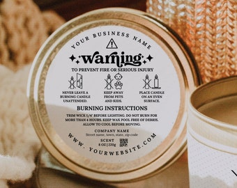 Candle Warning Label Template, Editable Label Template Design, Digital Download, 2" Round Candle Safety Label, DIY Candle Label-NINA