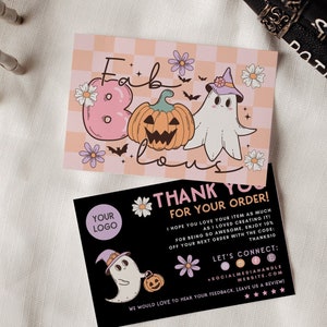 Retro GhostThank You Card Canva Template, Editable Halloween Business Thank You Card, Pumpkin Package Insert Card, Customer Thank You Card
