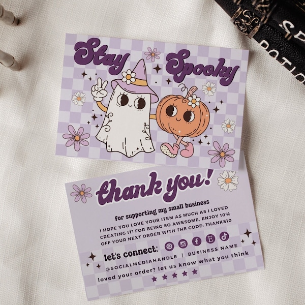 Editable Retro Groovy Halloween Business Thank You Card Canva Template, Cute Pumpkin Editable Small Business Thank You, Ghost Package Insert