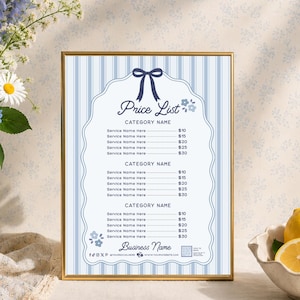 May include: A vertical rectangular price list sign in a gold frame featuring a light blue and white striped background, a dark blue bow graphic, and text including Price List, Category Name, Service Name Here, and Business Name.